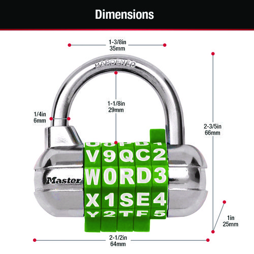 Password Plus Combination Lock, Hardened Steel Shackle, 2.5" Wide, Chrome/Assorted