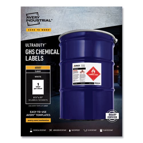 UltraDuty GHS Chemical Waterproof and UV Resistant Labels, 8.5 x 11, White, 50/Box