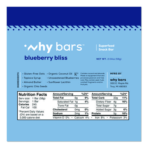 Superfood Snack Bar, Blueberry Bliss, 2.04 oz Bar, 12/Box