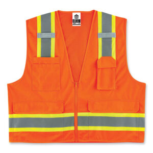 GloWear 8248Z Class 2 Two-Tone Surveyors Zipper Vest, Polyester, Large/X-Large, Orange