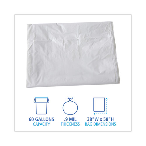 Linear Low Density Industrial Can Liners, 60 gal, 0.9 mil, 38" x 58", White, Flat Pack, 100/Carton