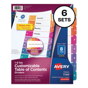 Customizable TOC Ready Index Multicolor Tab Dividers, 8-Tab, 1 to 8, 11 x 8.5, White, Traditional Color Tabs, 6 Sets