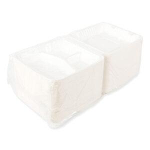 Bagasse PFAS-Free Food Containers, 3 Compartments, 9 x 9 x 3.19, White, Sugarcane, 200/Carton