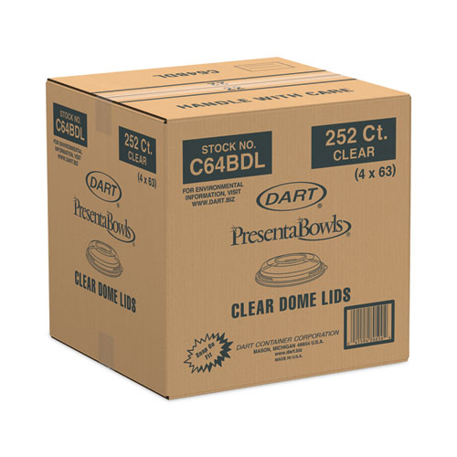 PresentaBowls Clear Dome Lids, 7.3" Diameter x 1.1" h, Clear, Plastic, 63 Lids/Bag, 4 Bags/Carton