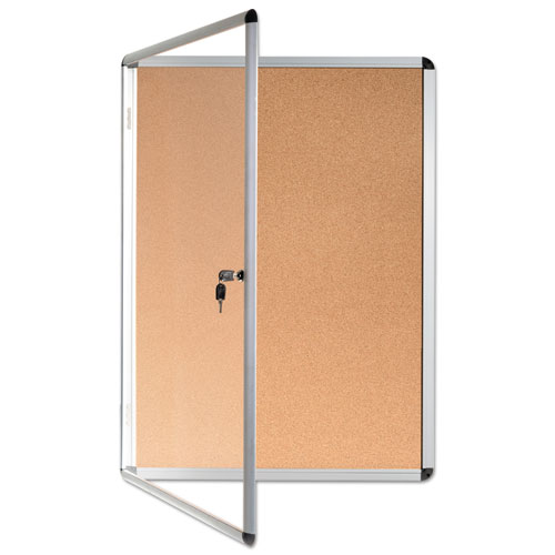 Slim-Line Enclosed Cork Bulletin Board with One Door, 28" x 38", Tan Surface, Satin Aluminum Frame