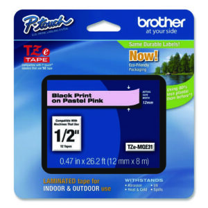 TZe Series Standard Adhesive Laminated Labeling Tape, 0.47" x 26.2 ft, Black on Pastel Pink