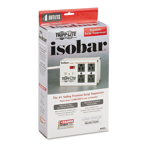 Isobar Surge Protector with Diagnostic LEDs, 4 AC Outlets, 6 ft Cord, 3,330 J, Light Gray