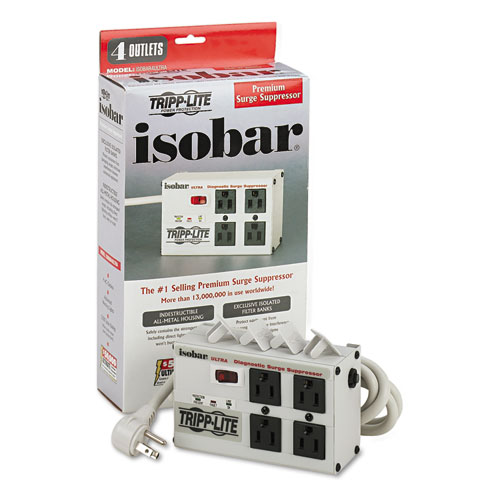 Isobar Surge Protector with Diagnostic LEDs, 4 AC Outlets, 6 ft Cord, 3,330 J, Light Gray
