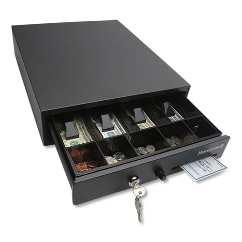 Space-Saving Steel Cash Drawer, 4 Bill, 5 Coin Slots, Key Lock, 17 x 13 x 4, Black