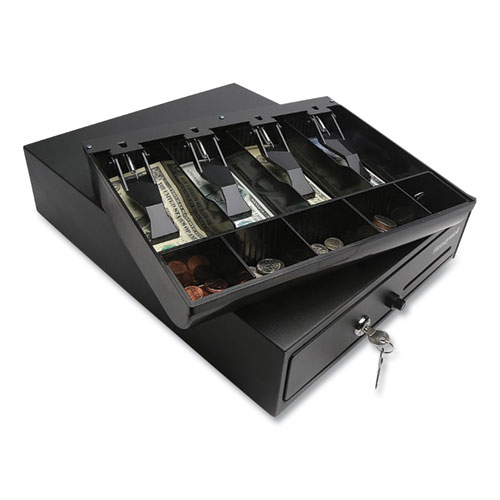 Space-Saving Steel Cash Drawer, 4 Bill, 5 Coin Slots, Key Lock, 17 x 13 x 4, Black