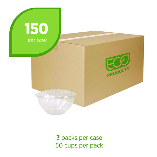 Renewable and Compostable Salad Bowls with Lids, 32 oz, Clear, Plastic, 50/Pack, 3 Packs/Carton