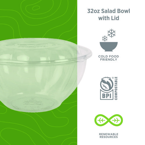 Renewable and Compostable Salad Bowls with Lids, 32 oz, Clear, Plastic, 50/Pack, 3 Packs/Carton