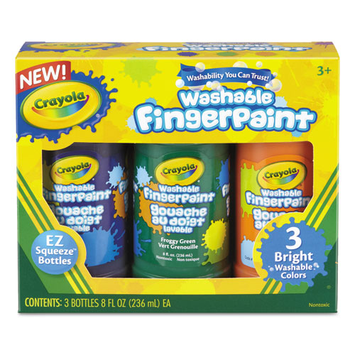 Washable Fingerpaint Pack, 3 Assorted Bright Colors, 8 oz Tube, 3/Box