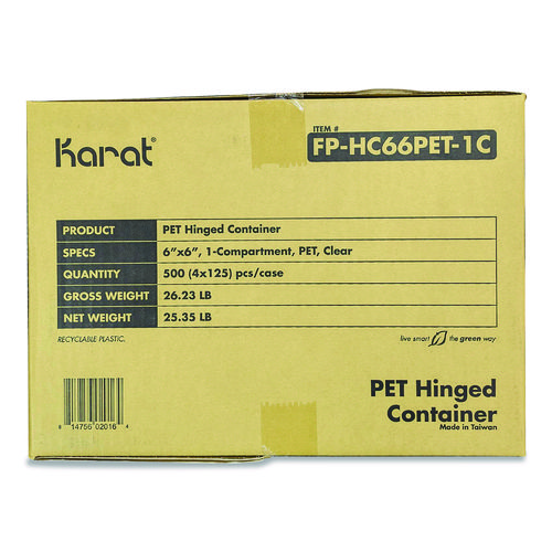 PET Plastic Hinged Container, 6 x 6 x 3.3, Clear, Plastic, 500/Carton