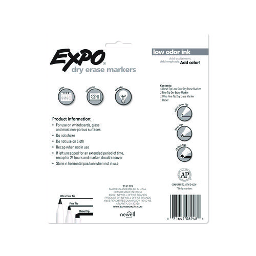 Low-Odor Dry Erase Marker Set, Assorted Tip Types, Assorted Colors