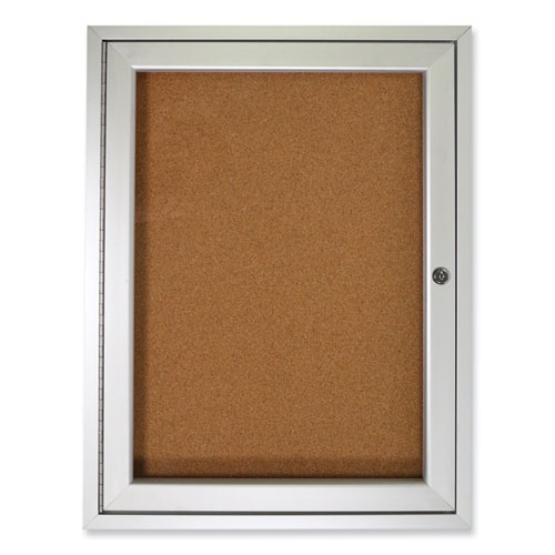 1 Door Enclosed Natural Cork Bulletin Board with Satin Frame, 30" x 36", Tan Surface, Satin Aluminum Frame