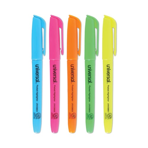 Pocket Highlighters, Assorted Ink Colors, Chisel Tip, Assorted Barrel Colors, 5/Set