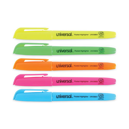 Pocket Highlighters, Assorted Ink Colors, Chisel Tip, Assorted Barrel Colors, 5/Set