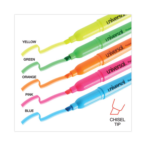 Pocket Highlighters, Assorted Ink Colors, Chisel Tip, Assorted Barrel Colors, 5/Set