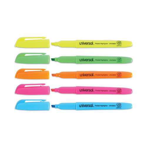 Pocket Highlighters, Assorted Ink Colors, Chisel Tip, Assorted Barrel Colors, 5/Set