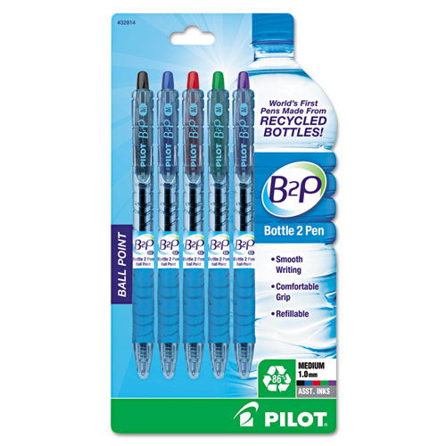 B2P Bottle-2-Pen Recycled Ballpoint Pen, Retractable, Medium 1 mm, Assorted Ink Colors, Translucent Blue Barrel, 5/Pack