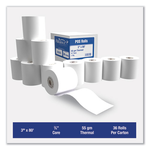 Thermal Cash Register/POS Roll, 3" x 80 ft, White, 36/Carton