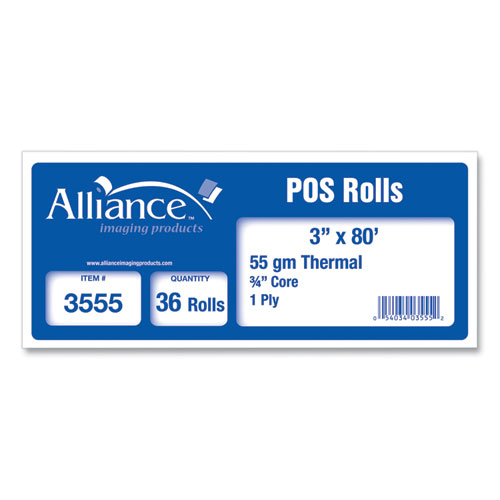 Thermal Cash Register/POS Roll, 3" x 80 ft, White, 36/Carton
