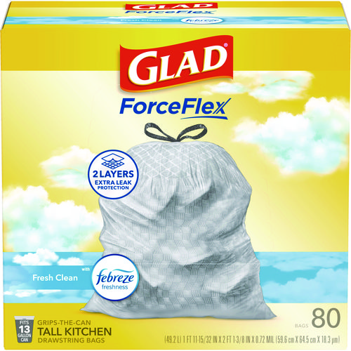 ForceFlex Kitchen Drawstring Trash Bags, 13 gal, Gain Fresh Clean Scent, 24 x 27.38, White, 80/Box
