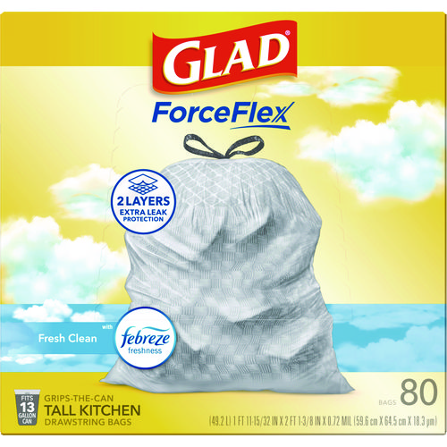 ForceFlex Kitchen Drawstring Trash Bags, 13 gal, Gain Fresh Clean Scent, 24 x 27.38, White, 80/Box