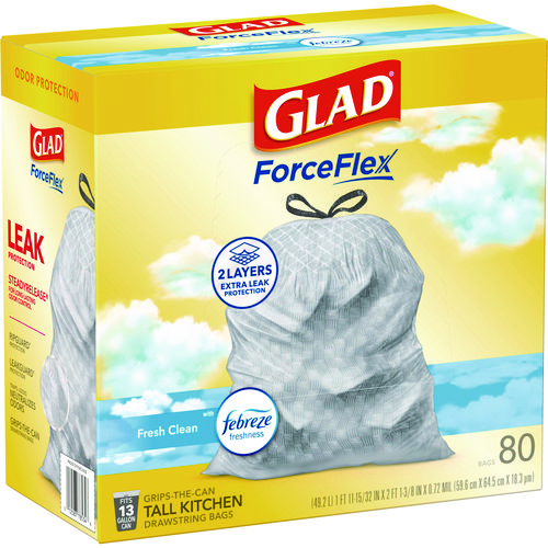 ForceFlex Kitchen Drawstring Trash Bags, 13 gal, Gain Fresh Clean Scent, 24 x 27.38, White, 80/Box