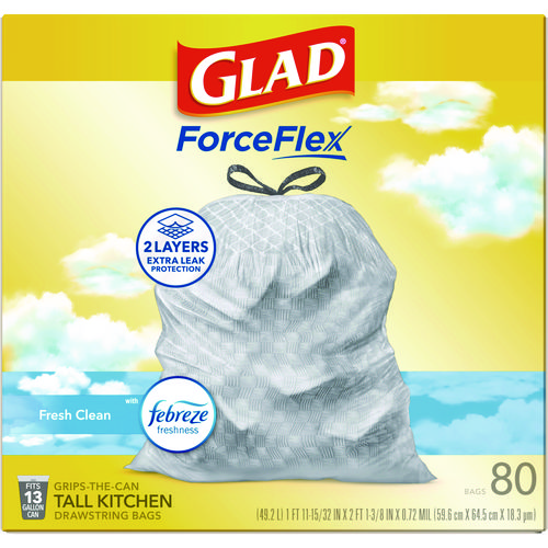 ForceFlex Kitchen Drawstring Trash Bags, 13 gal, Gain Fresh Clean Scent, 24 x 27.38, White, 80/Box