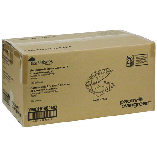 EarthChoice PFAS Free Compostable Hinged Lid Container, 9 x 9 x 3, White, Sugarcane, 150/Carton
