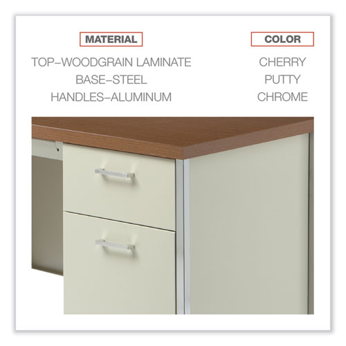 Single Pedestal Steel Desk, 45.25" x 24" x 29.5", Cherry/Putty, Chrome-Plated Legs