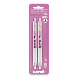 Signo 207 Breast Cancer Awareness Gel Pen, Retractable, Medium 0.7 mm, Black Ink, Translucent Pink/White Barrel, 2/Pack