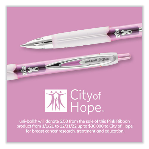 Signo 207 Breast Cancer Awareness Gel Pen, Retractable, Medium 0.7 mm, Black Ink, Translucent Pink/White Barrel, 2/Pack