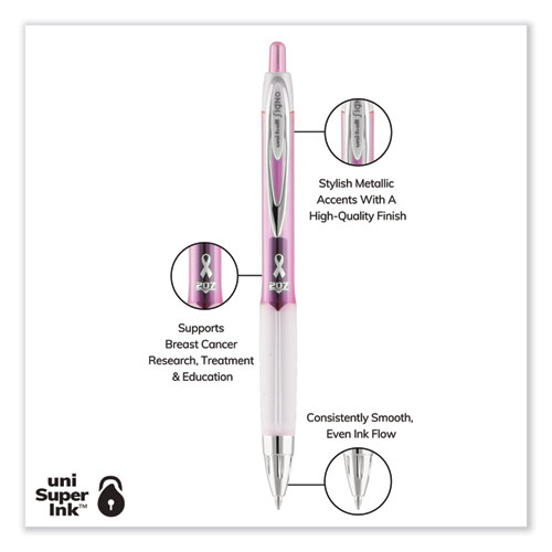 Signo 207 Breast Cancer Awareness Gel Pen, Retractable, Medium 0.7 mm, Black Ink, Translucent Pink/White Barrel, 2/Pack