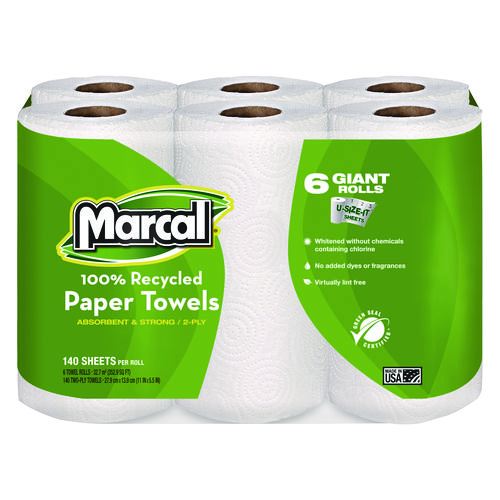 100% Premium Recycled Kitchen Roll Towels, 2-Ply, 11 x 5.5, White, 140/Roll, 6 Rolls/Pack
