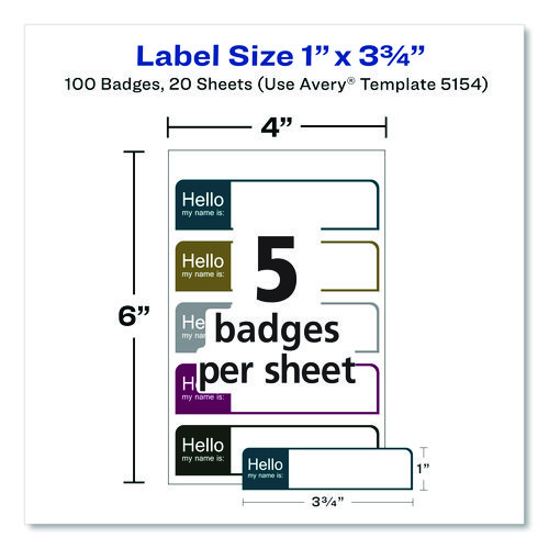 Flexible Self-Adhesive Mini Name Badge Labels, 1 x 3.75, Hello, Assorted, 100/Pack