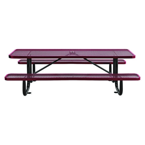 Expanded Steel Picnic Table, Rectangular, 96 x 62 x 29.5, Red Top, Red Base/Legs