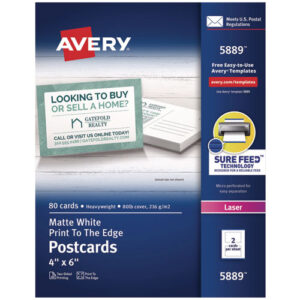 Printable Postcards, Laser, 80 lb, 4 x 6, Matte White, 80 Cards, 2 Cards/Sheet, 40 Sheets/Box