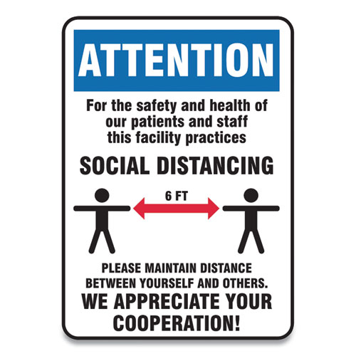 Social Distance Signs, Wall, 7 x 10, Patients and Staff Social Distancing, Humans/Arrows, Blue/White, 10/Pack