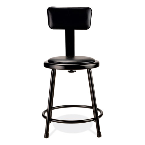 6400 Series Heavy Duty Vinyl Padded Stool with Backrest, Supports 300 lb, 18" Seat Height, Black Seat, Black Back, Black Base