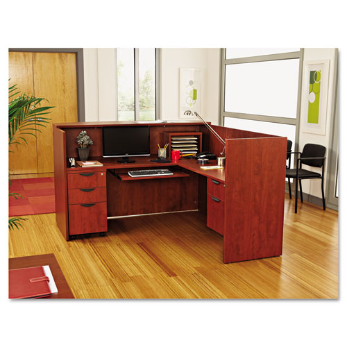 Alera Valencia Series Reception Desk with Transaction Counter, 71" x 35.5" x 29.5" to 42.5", Medium Cherry