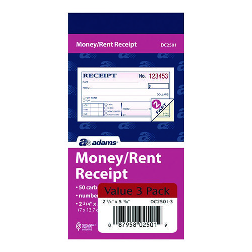 Money/Rent Receipt Book, Two-Part Carbonless, 4.88 x 2.75, 50 Receipts/Book, 3 Books/Pack