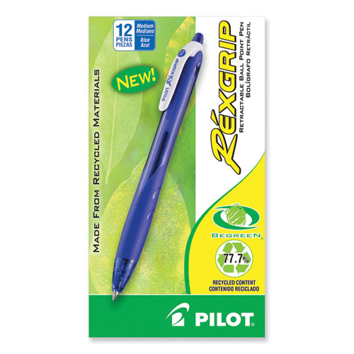RexGrip BeGreen Ballpoint Pen, Retractable, Medium 1 mm, Blue Ink, Translucent Blue Barrel, Dozen