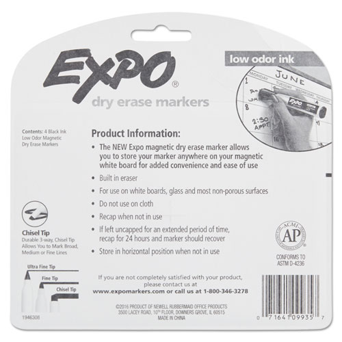Magnetic Dry Erase Marker, Broad Chisel Tip, Black, 4/Pack