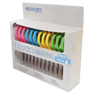 Soft Handle Kids Scissors, Rounded Tip, 5" Long, 1.75" Cut Length, Straight Assorted Color Handles, 12/Pack