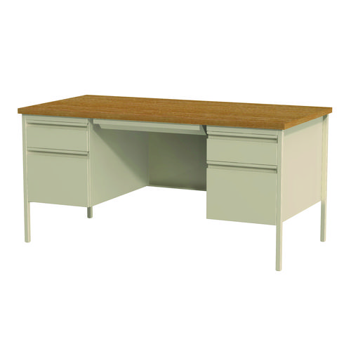 Double Pedestal Steel Desk, 60" x 30" x 29.5", Cherry/Putty, Putty Legs