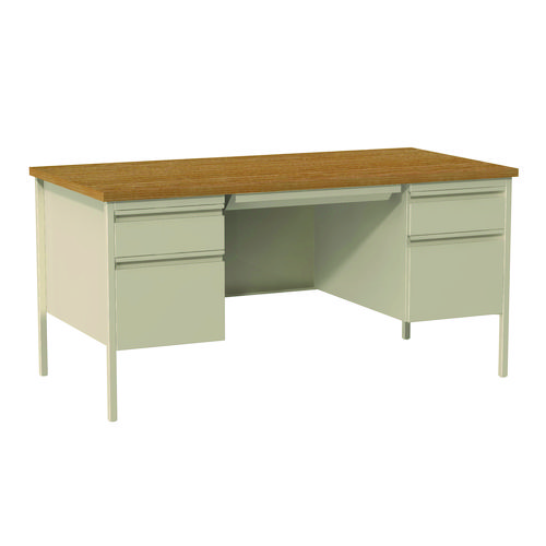 Double Pedestal Steel Desk, 60" x 30" x 29.5", Cherry/Putty, Putty Legs