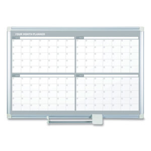 Magnetic Dry Erase Calendar Board, Four-Month Planning/Scheduling, 48" x 36", White Surface, Satin Aluminum Frame